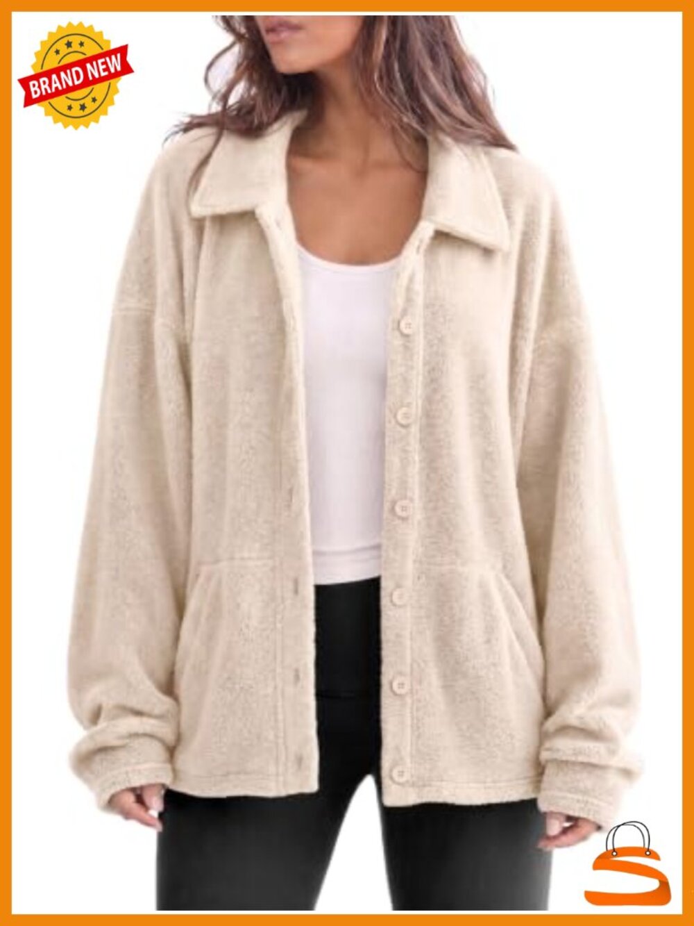 Polar Fleece Oversized Jacket Polo Neck Button Up Long Sleeve Casual Coat